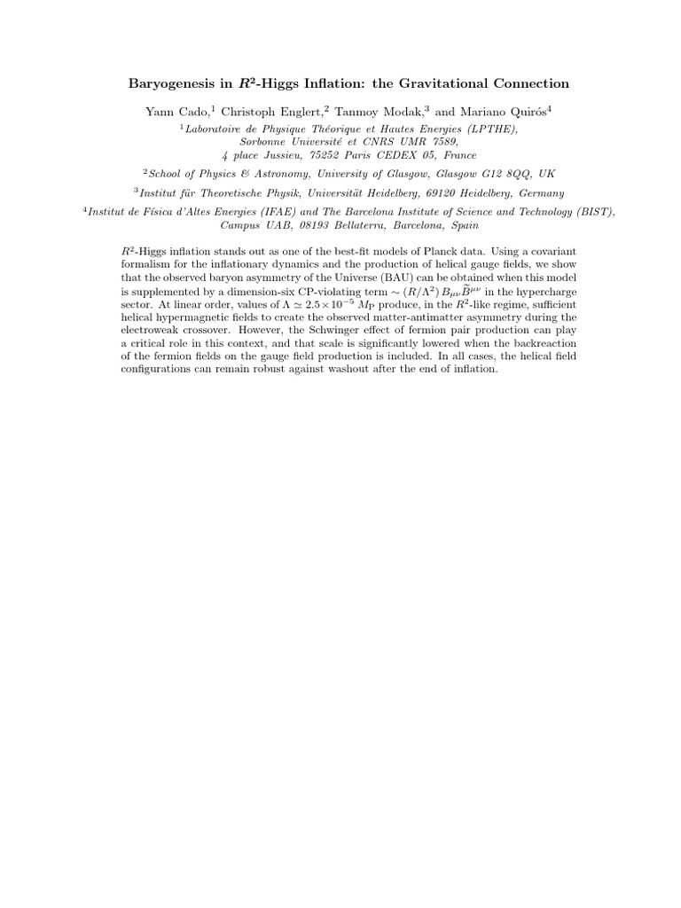 Baryogenesis in R - Higgs Inflation: The Gravitational Connection | PDF