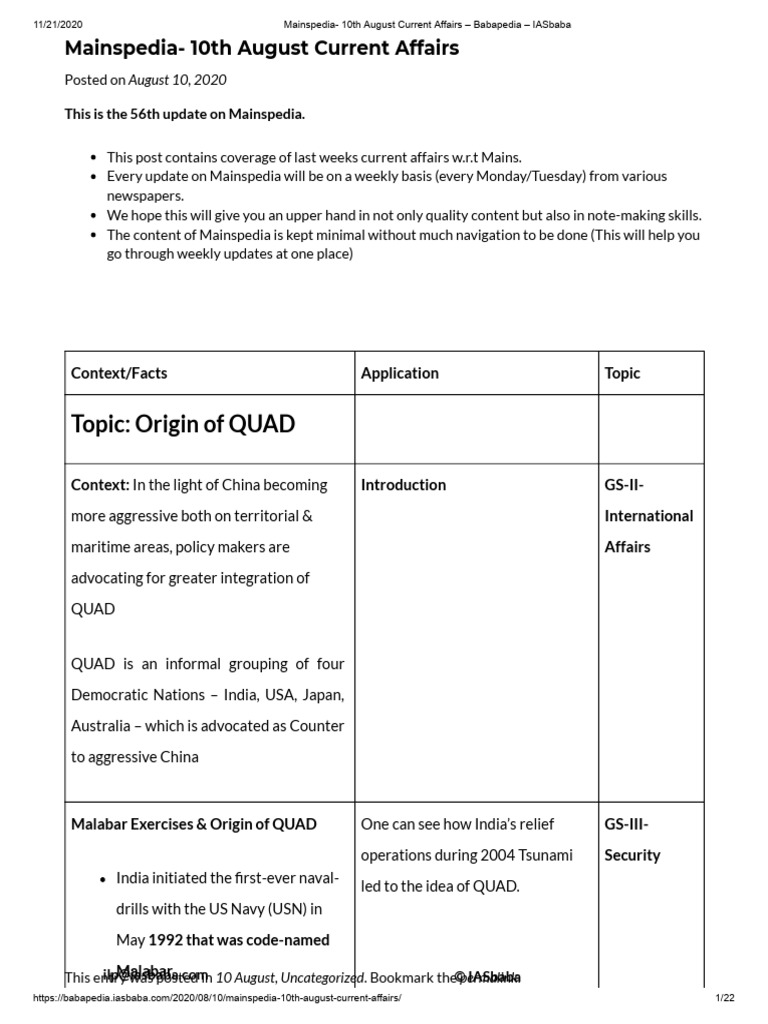 Mainspedia - 10th August Current Affairs - Babapedia - IASbaba | PDF