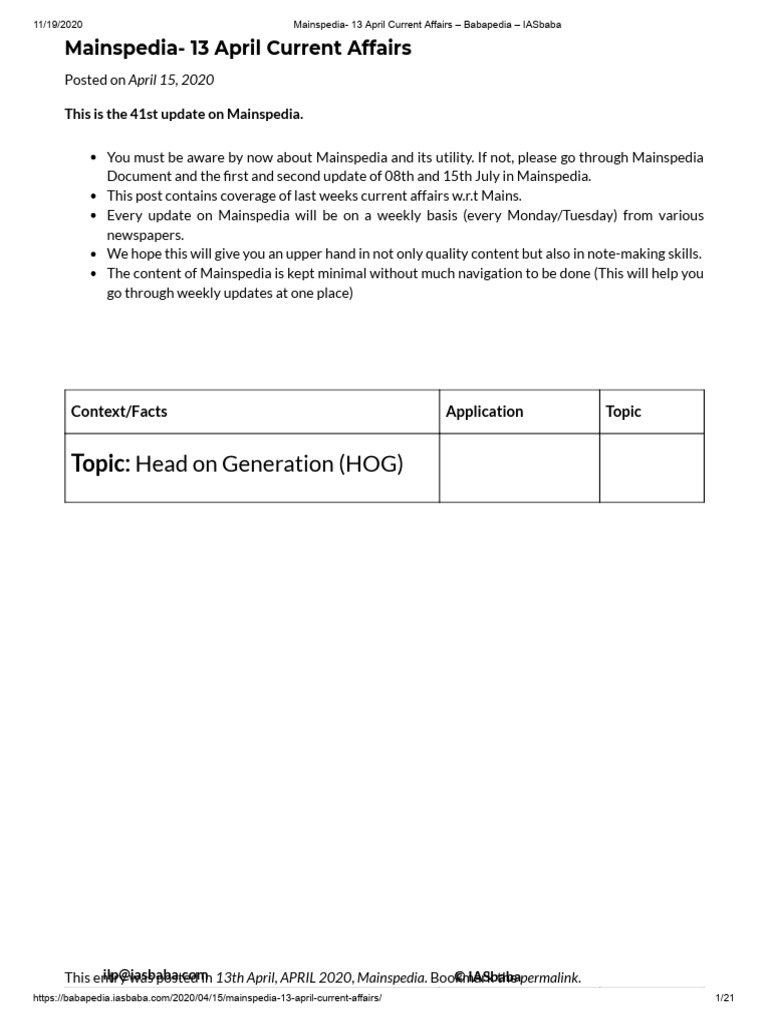 Mainspedia - 13 April Current Affairs - Babapedia - IASbaba | PDF