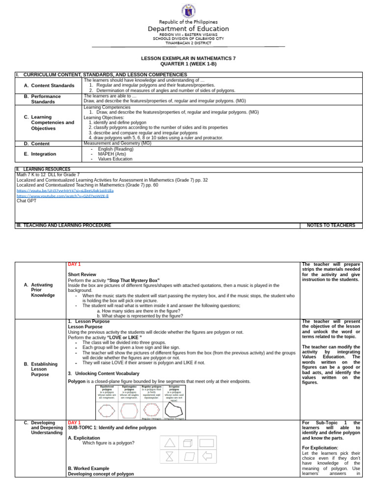 WEEK 1 G7 - MATATAG - LessonExemplar - MATHEMATICS 7 | PDF | Polygon ...