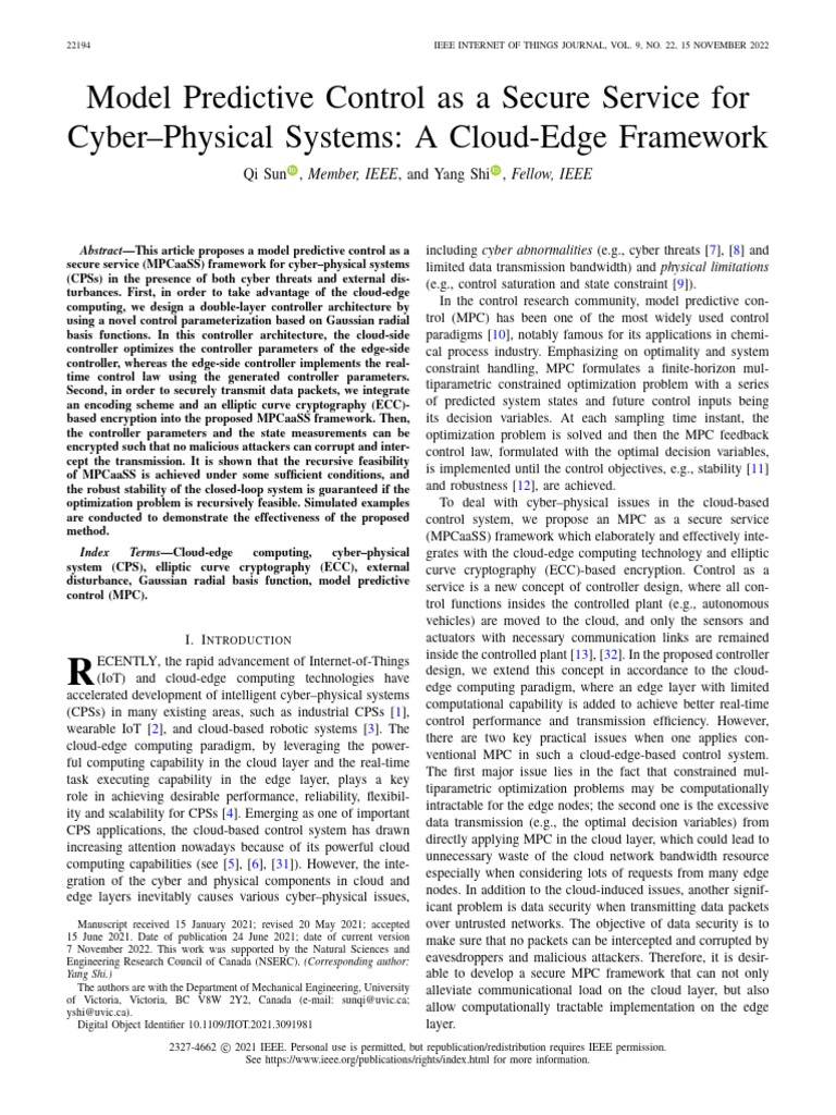 Model Predictive Control As A Secure Service For CyberPhysical Systems ...