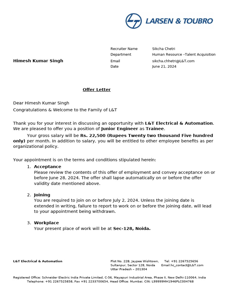 L&T Offer Letter - 240627 - 150817 | PDF