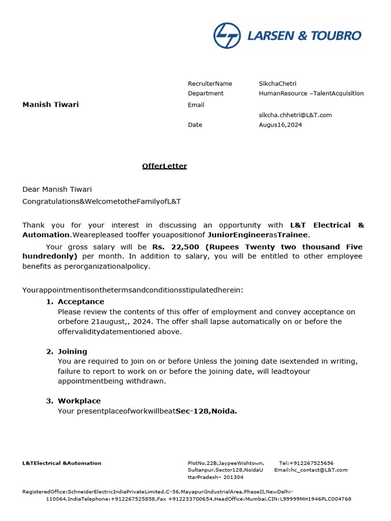 L&T Offer Letter - 240627 - 150817 | PDF