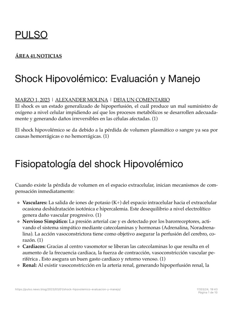 Shock Hipovolémico - Evaluación y Manejo PULSO | PDF
