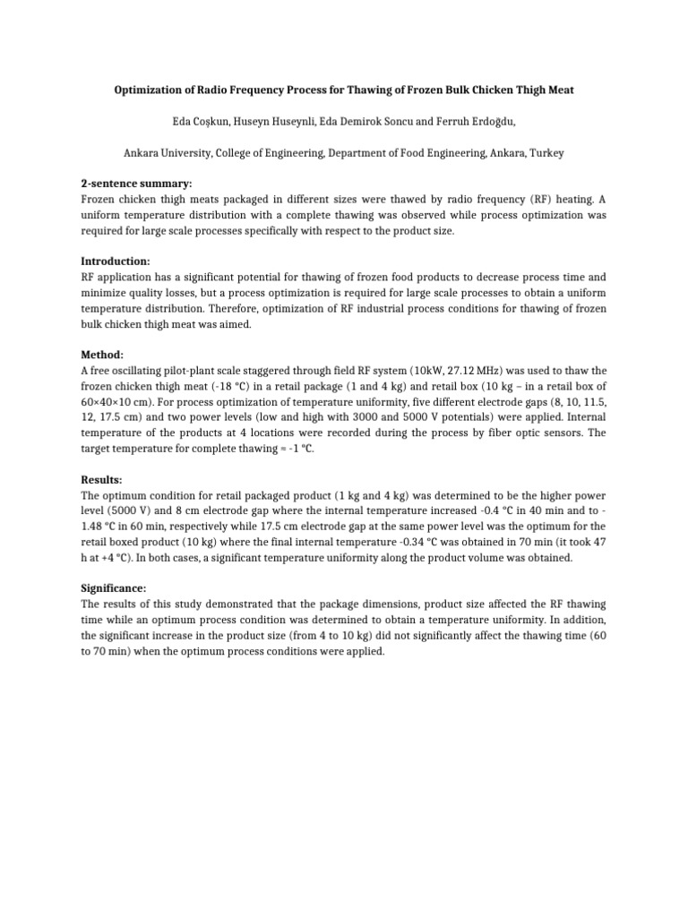 Optimization of radio frequency process for thawing of frozen bulk