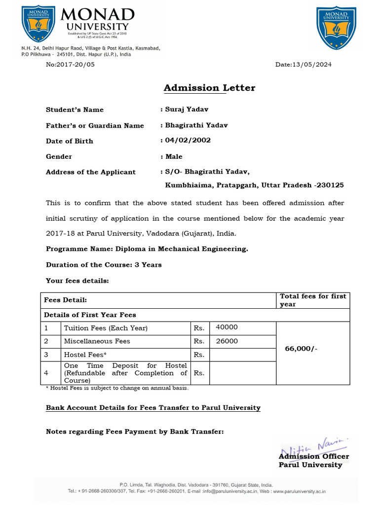 Parul University Admission Confirmation | PDF
