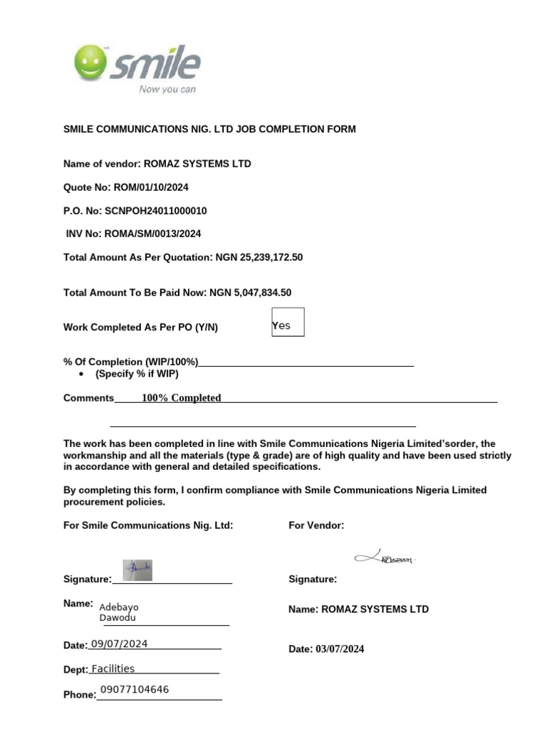 SCN Job Completion Certifcate Form - Romaz - Benin SItes N25.047m | PDF