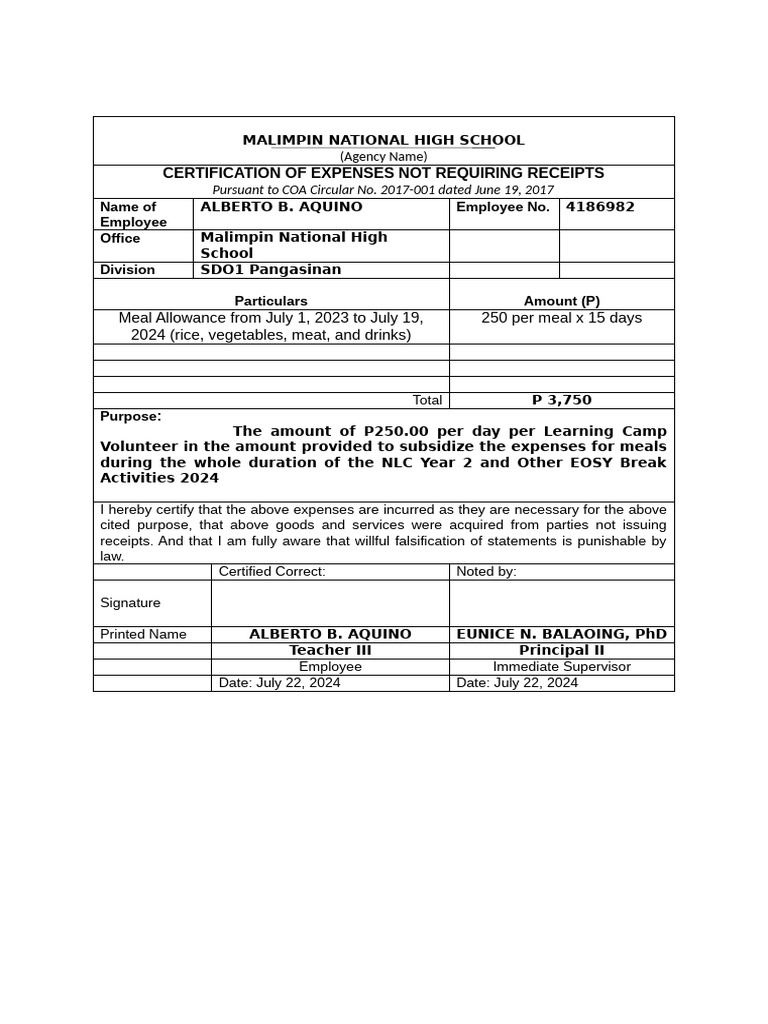 Enclosure 19 Certificate of Expenses Not Requiring Receipts | PDF