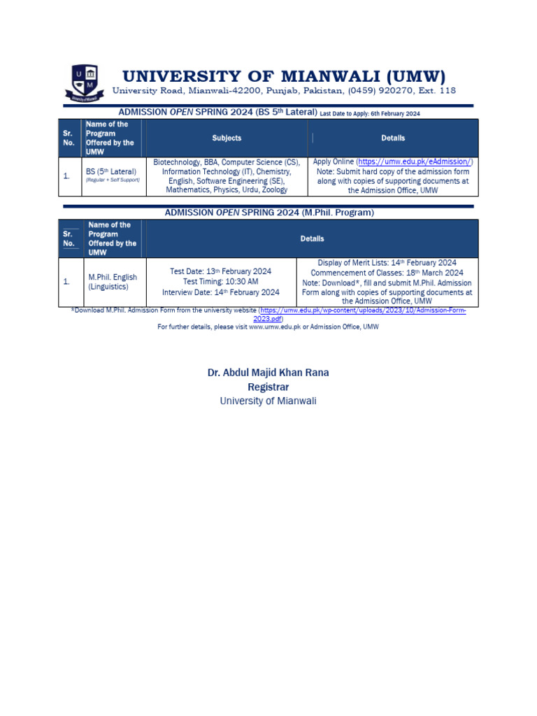 Admission Open Spring 2024 UMW PDF
