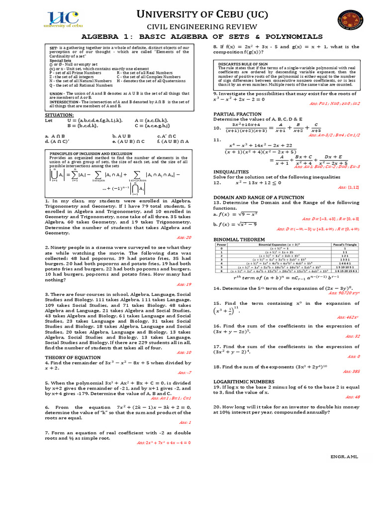 Civil Engineering Review Algebra 1: Basic Algebra of Sets & Polynomials ...