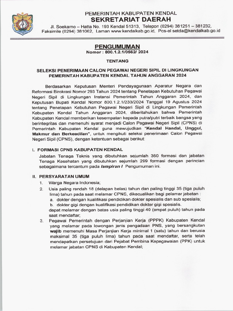 Pengumuman Seleksi Penerimaan CPNS Tahun 2024 | PDF