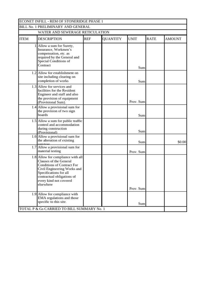 Water and Sewerage Reticulation BoQ | PDF