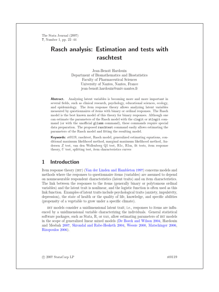 Hardouin 2007 Rasch Analysis Estimation and Tests With Raschtest | PDF