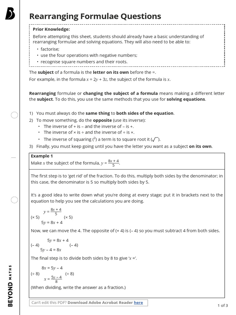 Rearranging formulae questions interactive pdf