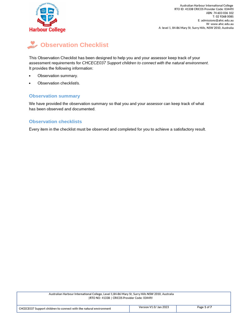 CHCECE037 Observation Checklist | PDF