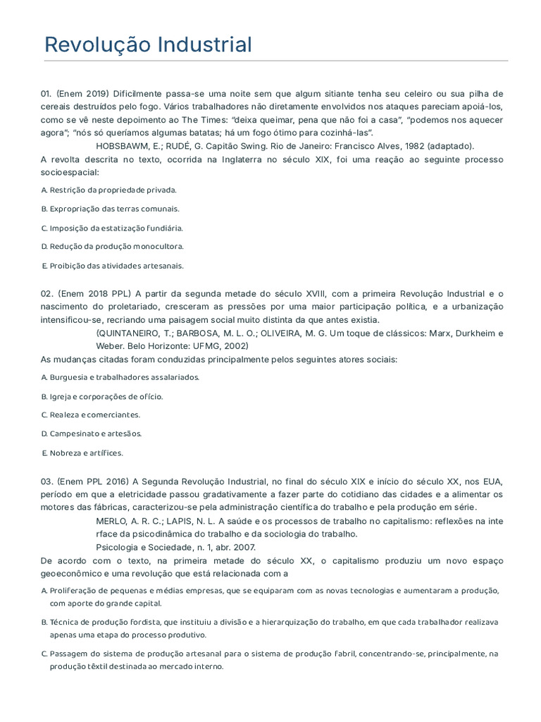 Gabarito Com Resolução Das Questões de Revolução Industrial História ...