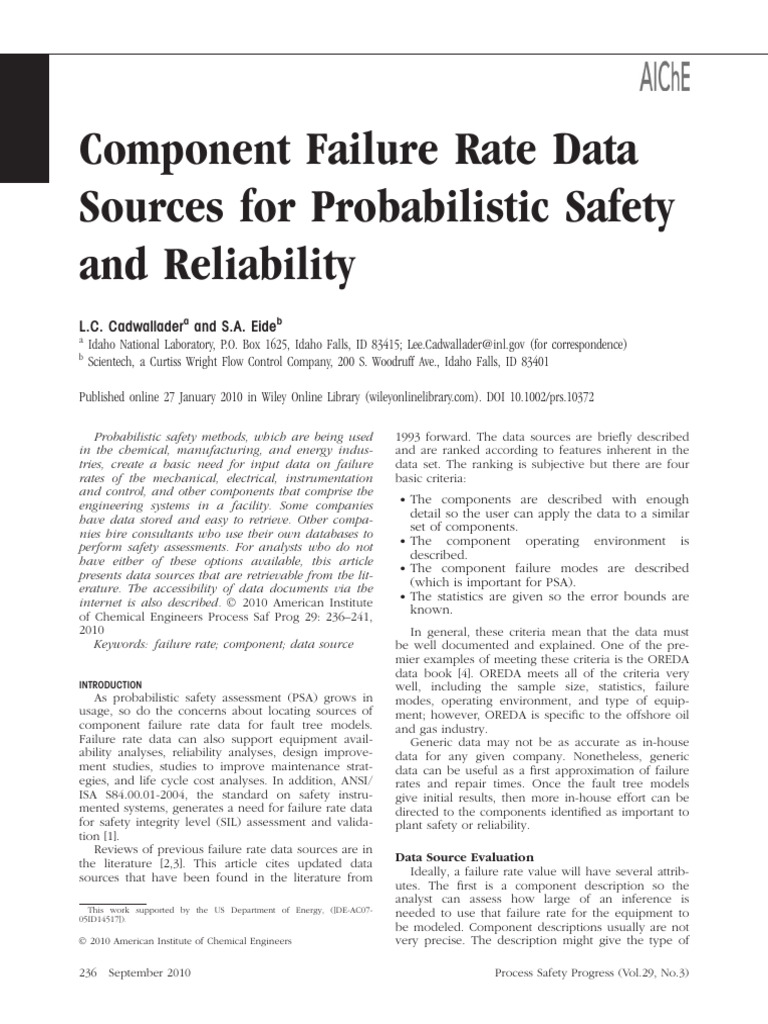 Component Failure Rate Data Sources For Safety and Reliability 2010 | PDF