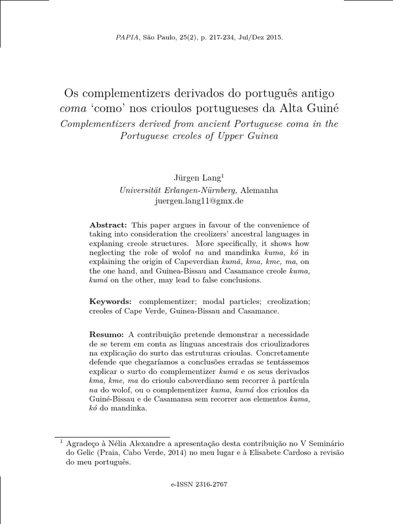 Lang 2015 Os Complementizers Derivados Do Português Antigo COMA Como ...