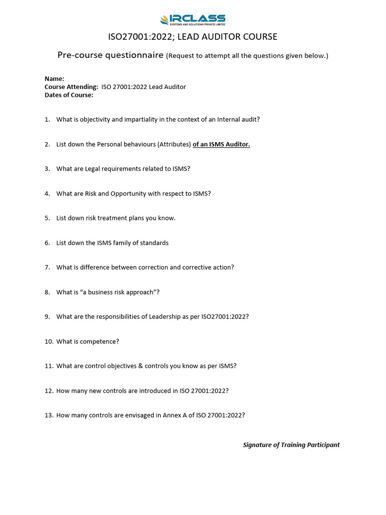 Pre-Course Questionnaire - ISMS - LA - 2022 | PDF