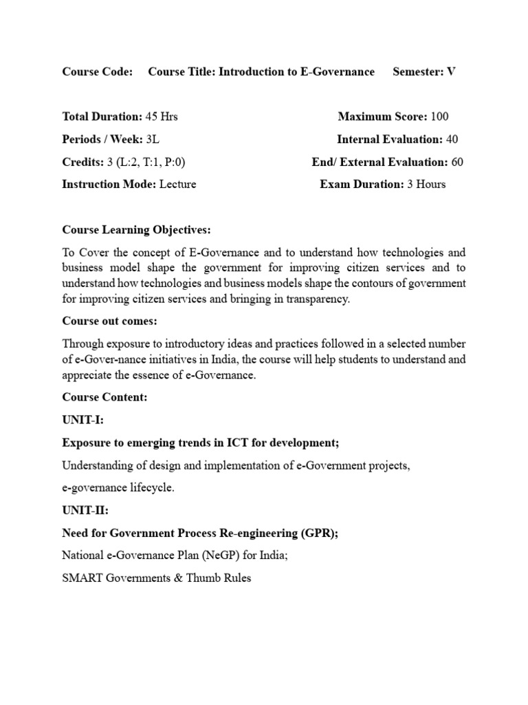Introduction To E Governance Syllabus | PDF