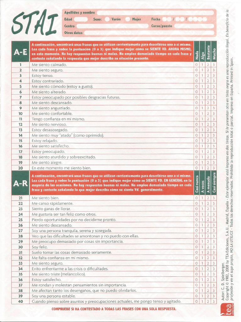 Cuestionario de Ansiedad Estado-Rasgo (STAI) | PDF