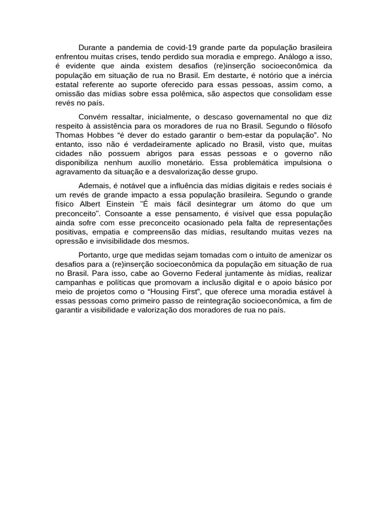 Redacao Moradores de Rua | PDF