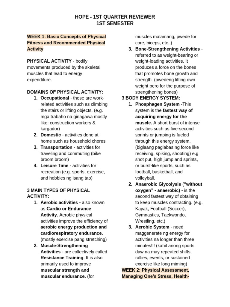 Grade 11 HOPE 1st Quarter Reviewer | PDF | Physical Fitness | Hyperthermia