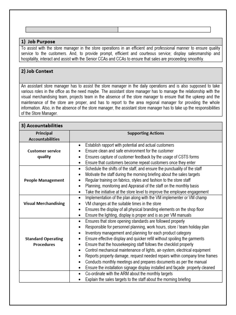 JD - Assistant Store Manager (ASM) | PDF