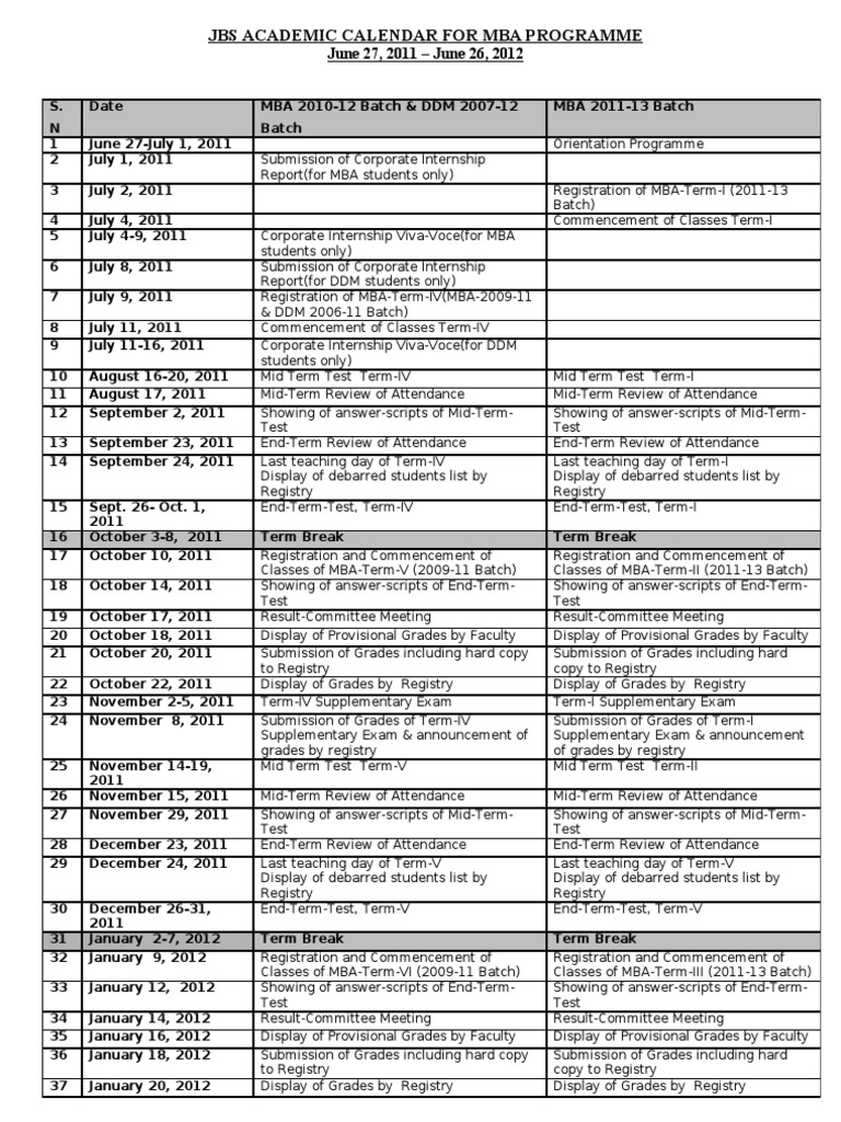 Academic Calendar MBA 2011 12 | PDF | Academic Term | Test (Assessment)