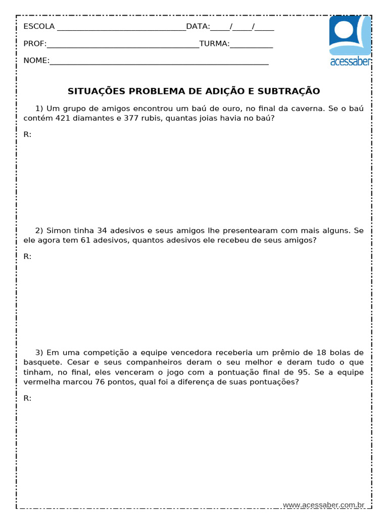 Atividade de Matematica Situacoes Problema de Adicao e Subtracao 3 Ano ...