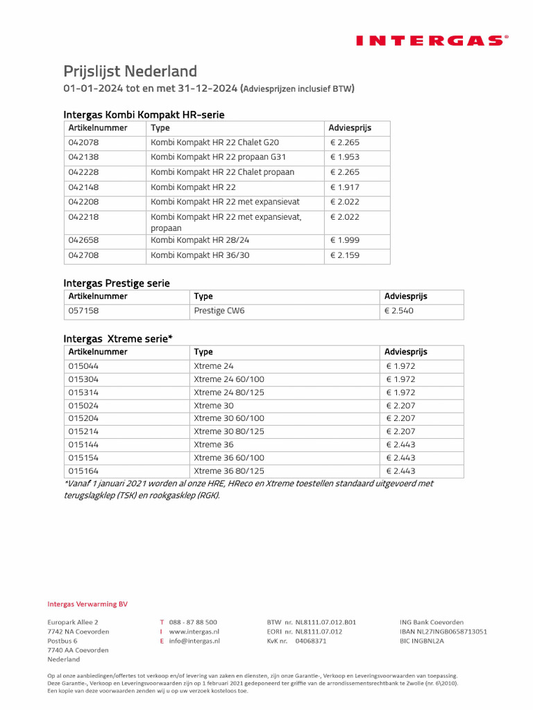 Prijslijst Intergas Verwarming 01 01 2024 Tot en Met 31 12 2024 | PDF
