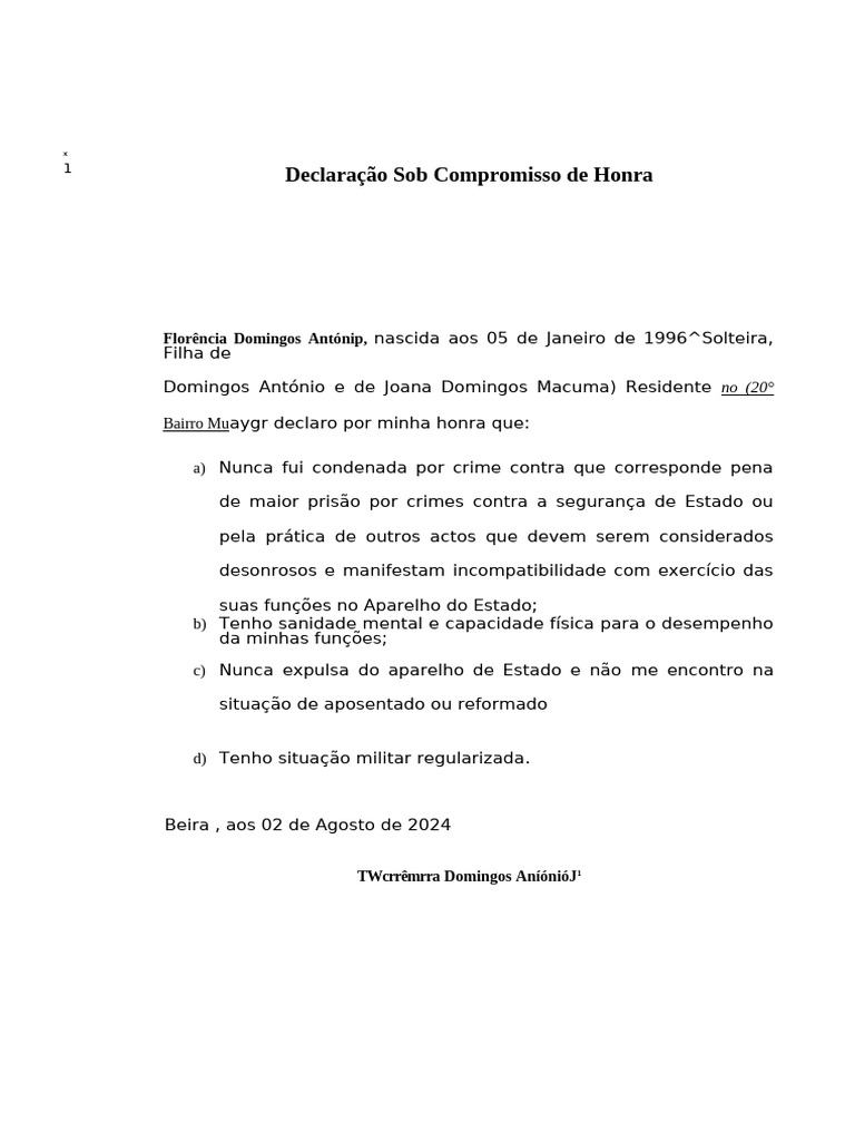 Declaração Sob Compromisso de Honra | PDF