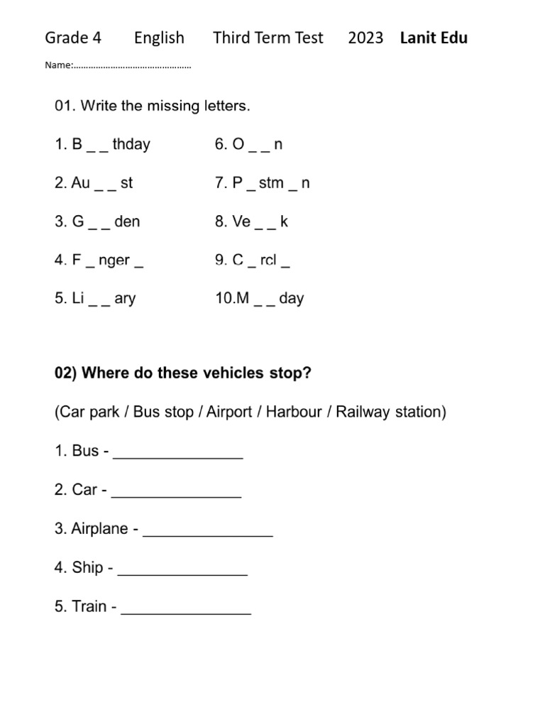 Grade 4 English Third Term Test 1 2023 Pdf