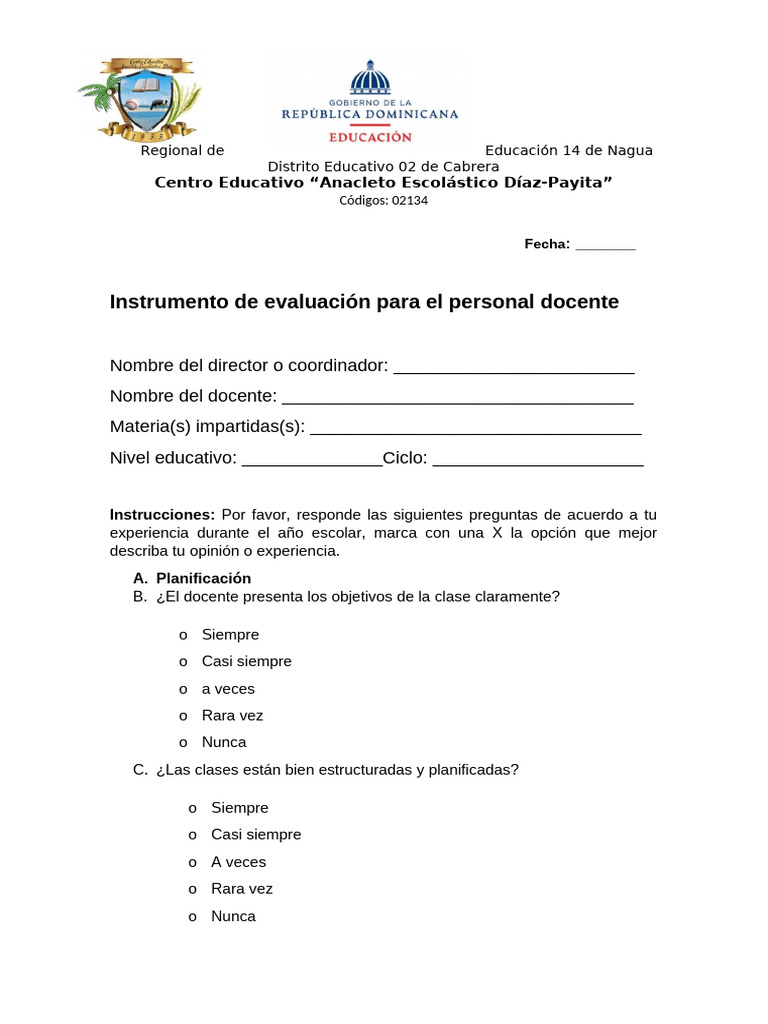 Instrumento de Evaluacion para El Personal Docente | PDF