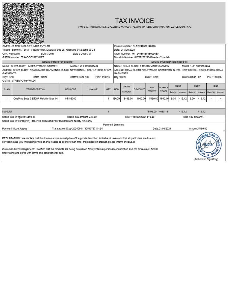 OnePlus Tax Invoice for Shiva Cloth | PDF | Invoice | Economies