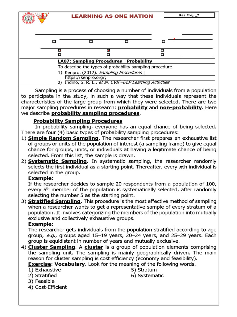 Ver2023 LAS 07 - Sampling Procedures - Probability | PDF
