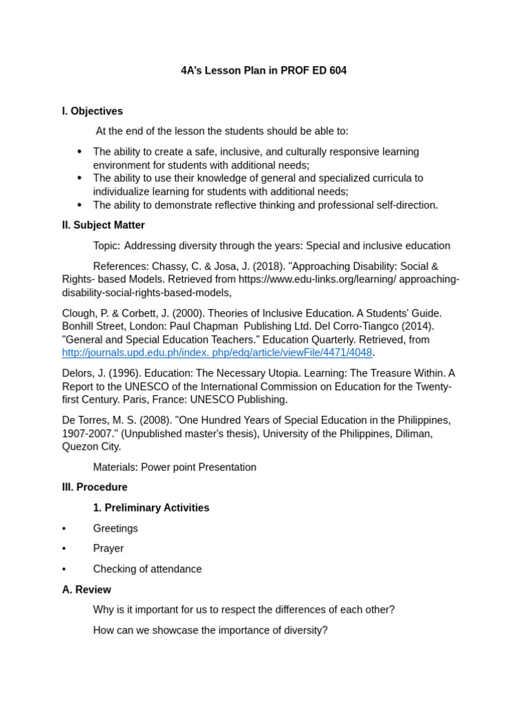 4a's Lesson Plan | PDF