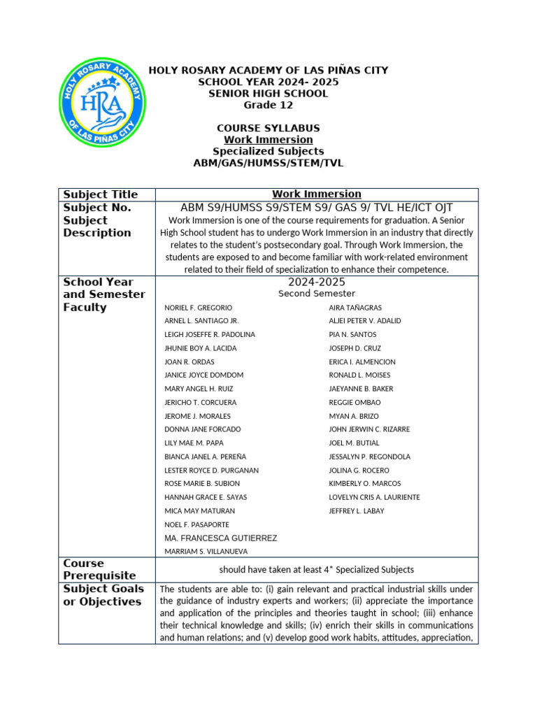 Syllabus For Work Immersion | PDF