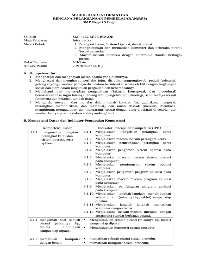 RPP - Informatika - Kelas - VII. Sistem Oprasidoc | PDF