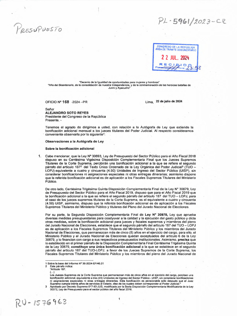 Observacion Proyecto Ley 5961 - 240724 - 140355 | PDF | Presupuesto ...