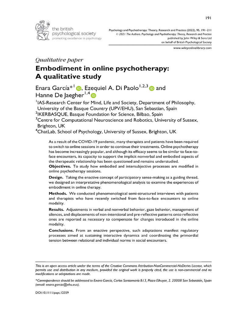 Embodiment in online psychotherapy a qualitative study pdf