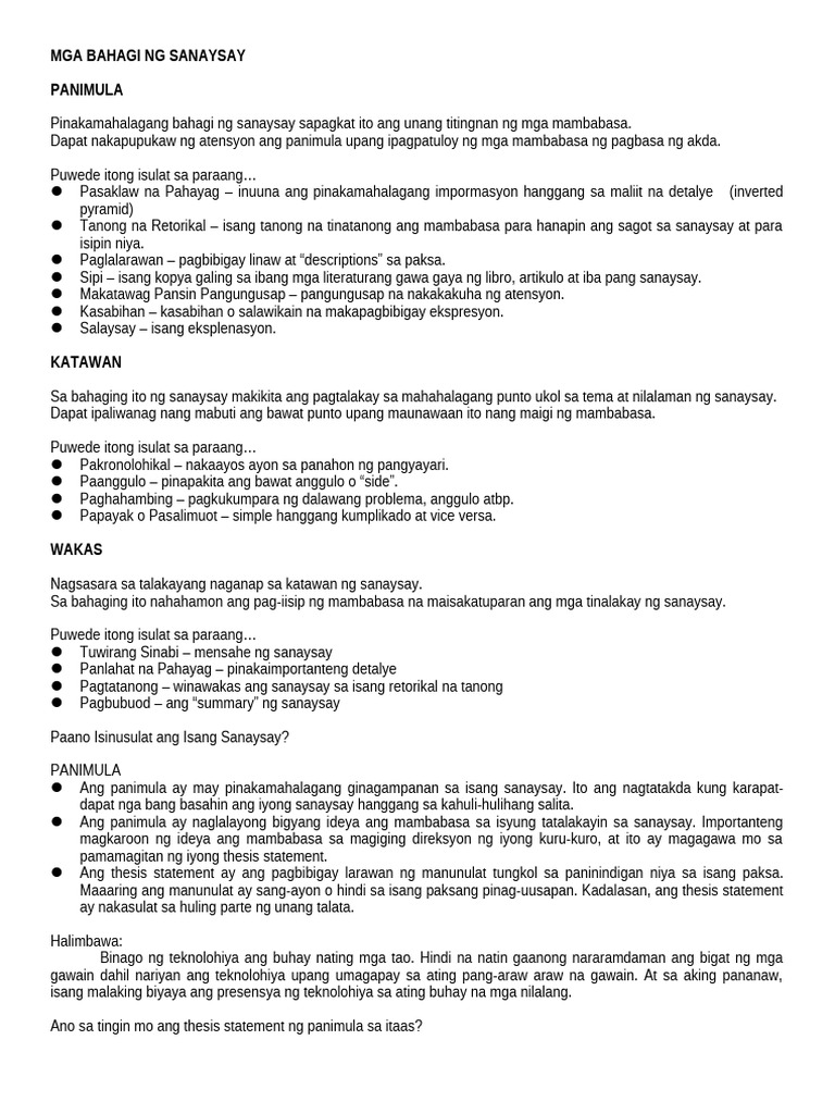 Mga Bahagi NG Sanaysay | PDF