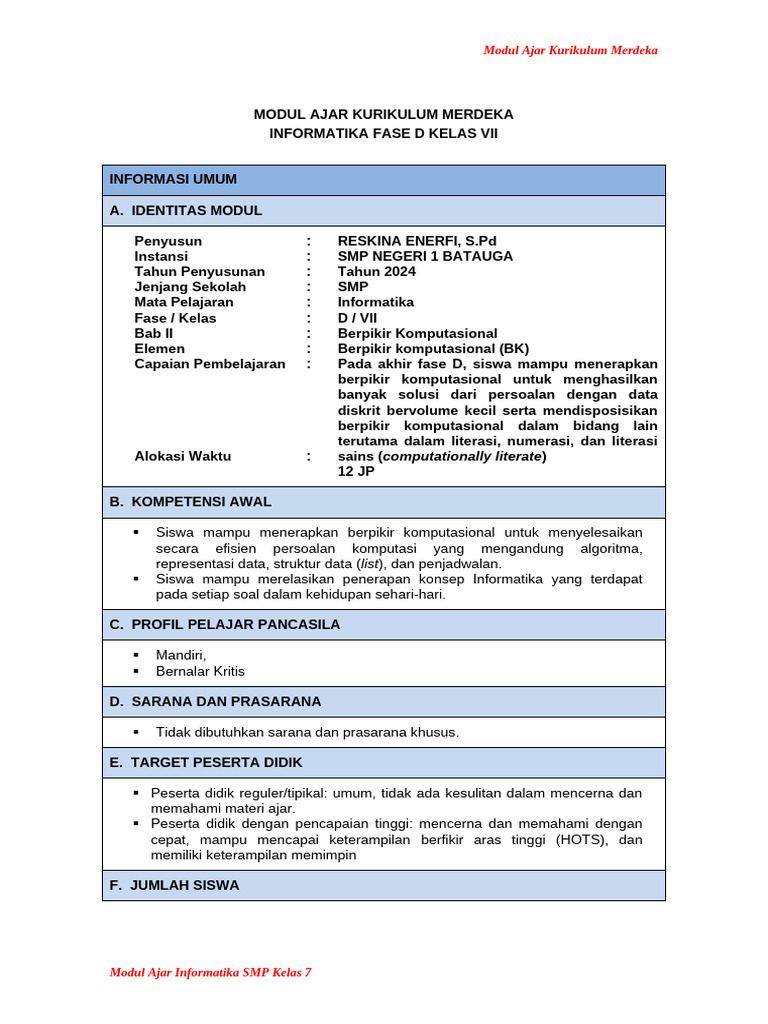 Modul Ajar Informatika Kelas 7 SMP | PDF | Karier & Perkembangan | Komputer
