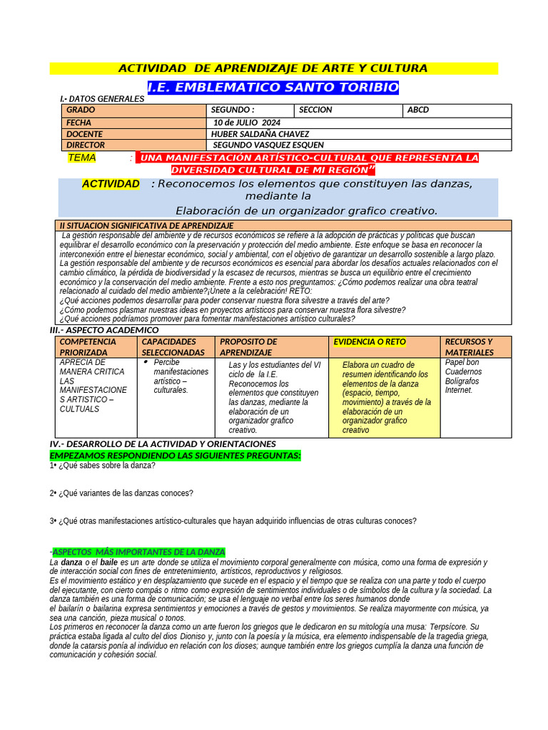 Actividad de Arte y Cultura Segundo Grado Huber | PDF