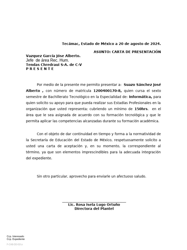 Machote Carta De Presentacion