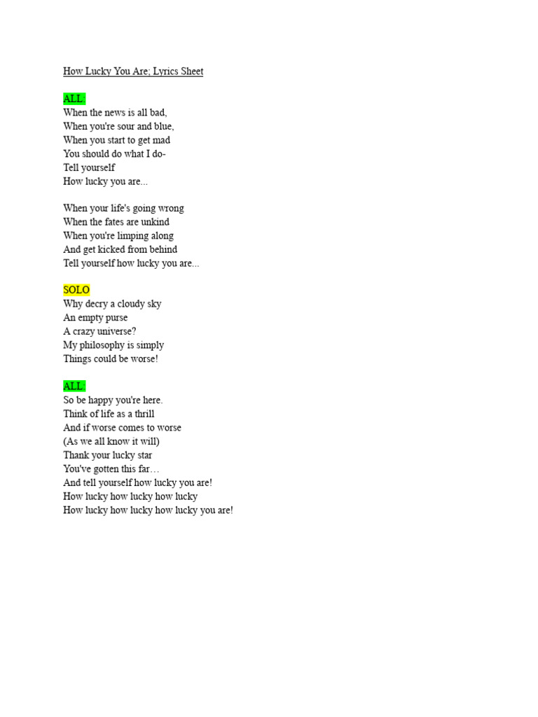 How lucky you are lyrics sheet pdf