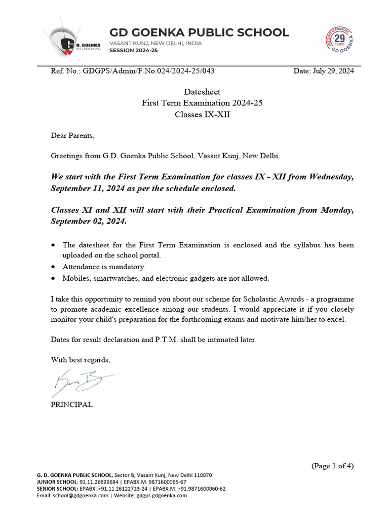 G.D. Goenka School First Term Exam Datesheet | PDF | Science