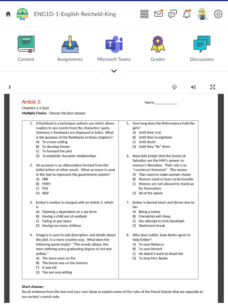 Ch.1 3 Quiz ENG1D 1 English Reicheld King | PDF | Language Arts ...