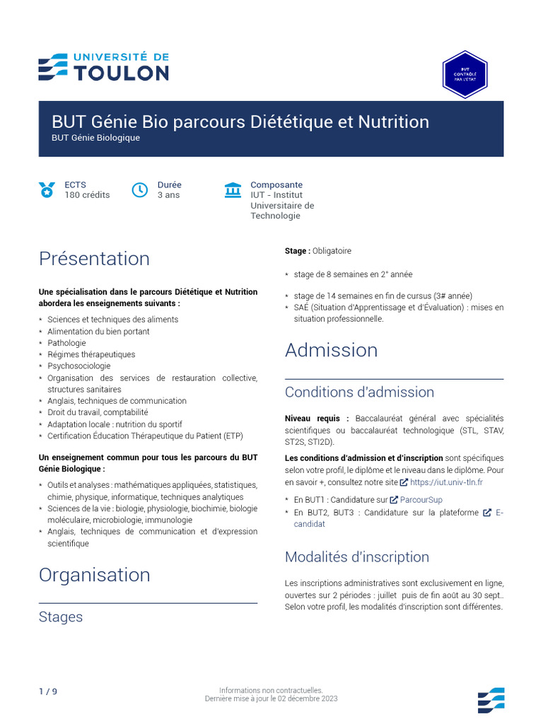 BUT Génie Bio Parcours Diététique Et Nutrition | PDF