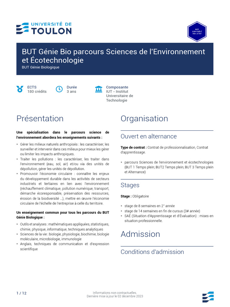 BUT Génie Bio Parcours Sciences de L'environnement Et Écotechnologie | PDF